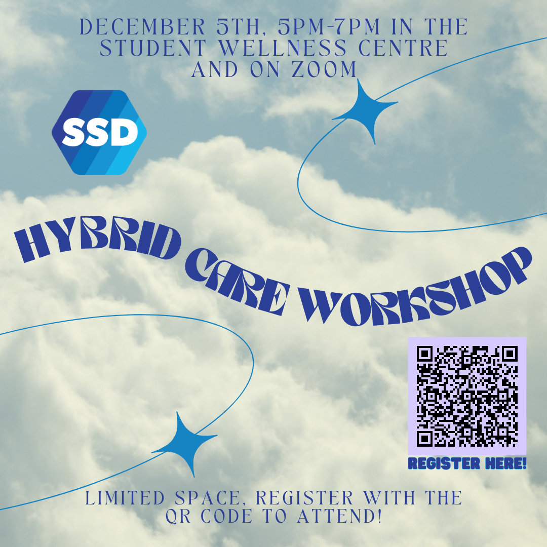 Square image with clouds in the background. Blue SSD logo is in the top left of the image, with ovals and stars on the top right and bottom left of the image. The text of the image reads "Hybrid Care Workshop. December 5th, 5-7pm in the Student Wellness Centre and on Zoom. Hybrid Care Workshop. Limited space. Register with the QR code to attend!". There is a QR code on the lower right side of the image on a purple background.