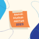 Image of orange sticky note containing the text "Annual General Meeting 2023" on a cream coloured background with blue abstract shapes.