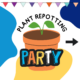 Decorative image on a white background, featuring decorative blue and yellow splashes. In the center sits a large orange planter containing a small green seedling. Surrounding the planter is the title "Repotting Plan" in black letters. In the background appears the second part of the title, "Party," written in capital letters alternating colors blue, orange, yellow, white, and blue respectively for each letter.