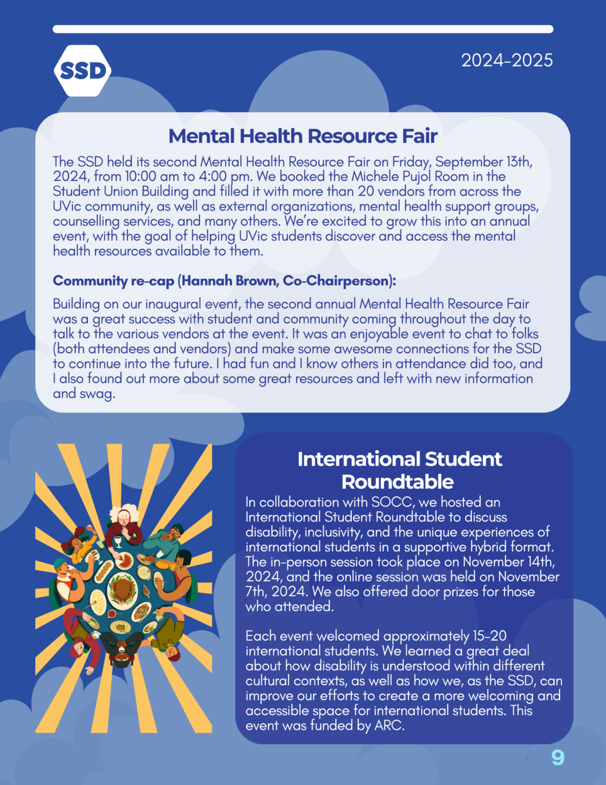 Page 9: Events, continued. Mental health resource fair: The SSD held its second Mental Health Resource Fair on Friday, September 13th, 2024, from 10:00 am to 4:00 pm. We booked the Michele Pujol Room in the Student Union Building and filled it with more than 20 vendors from across the UVic community, as well as external organizations, mental health support groups, counselling services, and many others. We’re excited to grow this into an annual event, with the goal of helping UVic students discover and access the mental health resources available to them. Community re-cap (Hannah Brown, Co-Chairperson): "Building on our inaugural event, the second annual Mental Health Resource Fair was a great success with student and community coming throughout the day to talk to the various vendors at the event. It was an enjoyable event to chat to folks (both attendees and vendors) and make some awesome connections for the SSD to continue into the future. I had fun and I know others in attendance did too, and I also found out more about some great resources and left with new information and swag." International Student Roundtable: In collaboration with SOCC, we hosted an International Student Roundtable to discuss disability, inclusivity, and the unique experiences of international students in a supportive hybrid format. The in-person session took place on November 14th, 2024, and the online session was held on November 7th, 2024. We also offered door prizes for those who attended. Each event welcomed approximately 15–20 international students. We learned a great deal about how disability is understood within different cultural contexts, as well as how we, as the SSD, can improve our efforts to create a more welcoming and accessible space for international students. This event was funded by ARC.