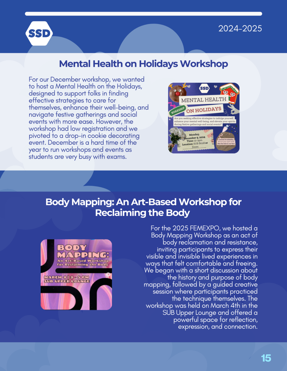 Page 15: Workshops, continued. Mental Health on Holidays Workshop: For our December workshop, we wanted to host a Mental Health on the Holidays, designed to support folks in finding effective strategies to care for themselves, enhance their well-being, and navigate festive gatherings and social events with more ease. However, the workshop had low registration and we pivoted to a drop-in cookie decorating event. December is a hard time of the year to run workshops and events as students are very busy with exams. Body Mapping: An Art-Based Workshop for Reclaiming the Body: For the 2025 FEMEXPO, we hosted a Body Mapping Workshop as an act of body reclamation and resistance, inviting participants to express their visible and invisible lived experiences in ways that felt comfortable and freeing. We began with a short discussion about the history and purpose of body mapping, followed by a guided creative session where participants practiced the technique themselves. The workshop was held on March 4th in the SUB Upper Lounge and offered a powerful space for reflection, expression, and connection.