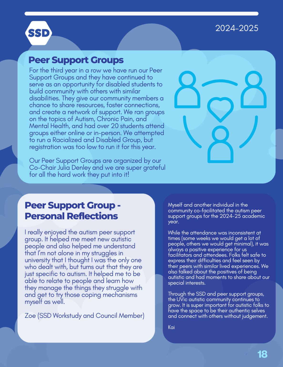 Page 18: Programs, continued. Peer Support Groups: For the third year in a row we have run our Peer Support Groups and they have continued to serve as an opportunity for disabled students to build community with others with similar disabilities. They give our community members a chance to share resources, foster connections, and create a network of support. We ran groups on the topics of Autism, Chronic Pain, and Mental Health, and had over 20 students attend groups either online or in-person. We attempted to run a Racialized and Disabled Group, but registration was too low to run it for this year. Our Peer Support Groups are organized by our Co-Chair Julia Denley and we are super grateful for all the hard work they put into it! Peer Support Group - Personal Reflections: "2024-2025 I really enjoyed the autism peer support group. It helped me meet new autistic people and also helped me understand that I’m not alone in my struggles in university that I thought I was the only one who dealt with, but turns out that they are just specific to autism. It helped me to be able to relate to people and learn how they manage the things they struggle with and get to try those coping mechanisms myself as well." Zoe (SSD Workstudy and Council Member) "Myself and another individual in the community co-facilitated the autism peer support groups for the 2024-25 academic year. While the attendance was inconsistent at times (some weeks we would get a lot of people, others we would get minimal), it was always a positive experience for us facilitators and attendees. Folks felt safe to express their difficulties and feel seen by their peers with similar lived experiences. We also talked about the positives of being autistic and had moments to share about our special interests. Through the SSD and peer support groups, the UVic autistic community continues to grow. It is super important for autistic folks to have the space to be their authentic selves and connect with others without judgement." Kai, community member.