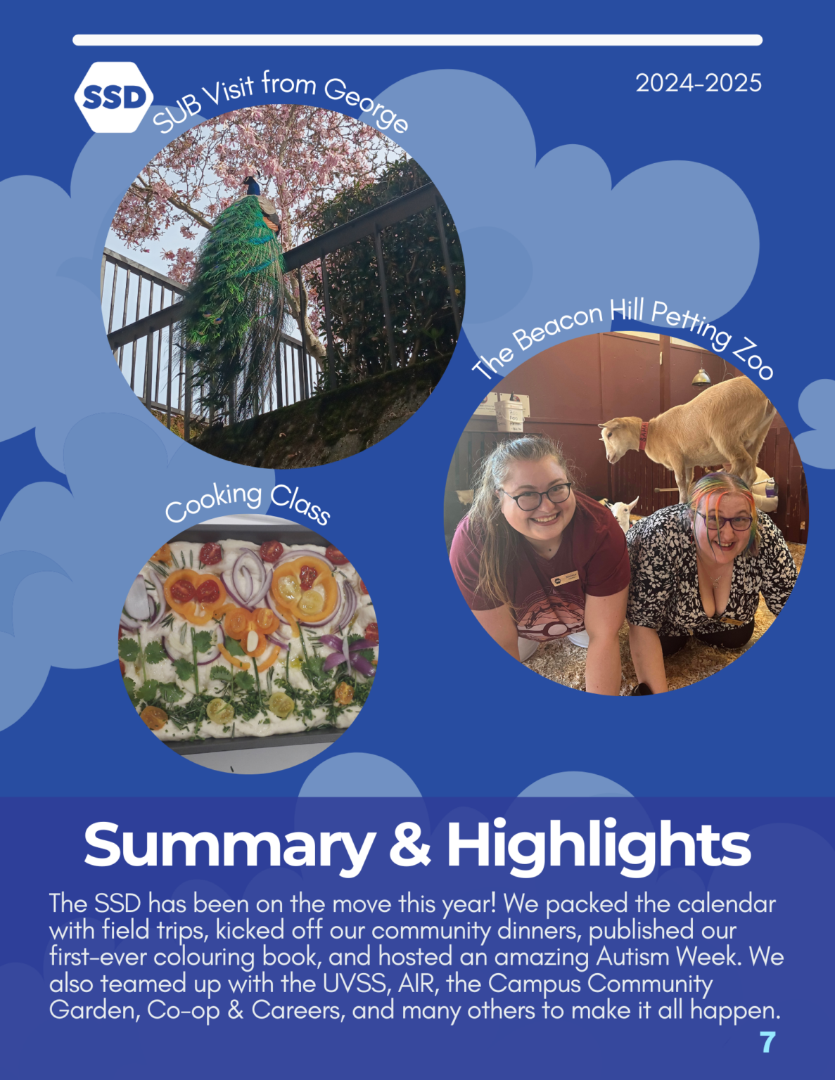 Page 7: Summary and Highlights. Pictured on the top third of the page are images from various events hosted by the SSD. From top to bottom: George on a railing in front of cherry trees (pictured during Autism Week workshops). Marissa and Hannah on their hands and knees as a goat kid climbs across them (pictured during the beacon hill petting zoo outing), and a floral-designed focaccia made of onions, tomatoes, and bell peppers (pictured during the SSD cooking classes). Summary and Highlights. The SSD has been on the move this year! We packed the calendar with field trips, kicked off our community dinners, published our first-ever colouring book, and hosted an amazing Autism Week. We also teamed up with the UVSS, AIR, the Campus Community Garden, Co-op & Careers, and many others to make it all happen.